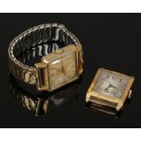 Two 1940s gold plated gents wristwatches with square dials one with wire lugs and subsidiary