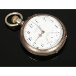 A continental silver pocket watch stamped 0.800 with enamel dial and Arabic numeral markers.