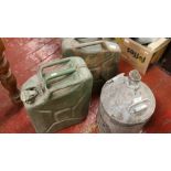 Two 20 litre Jerry cans, along with a galvanised steel twin handle fuel container.