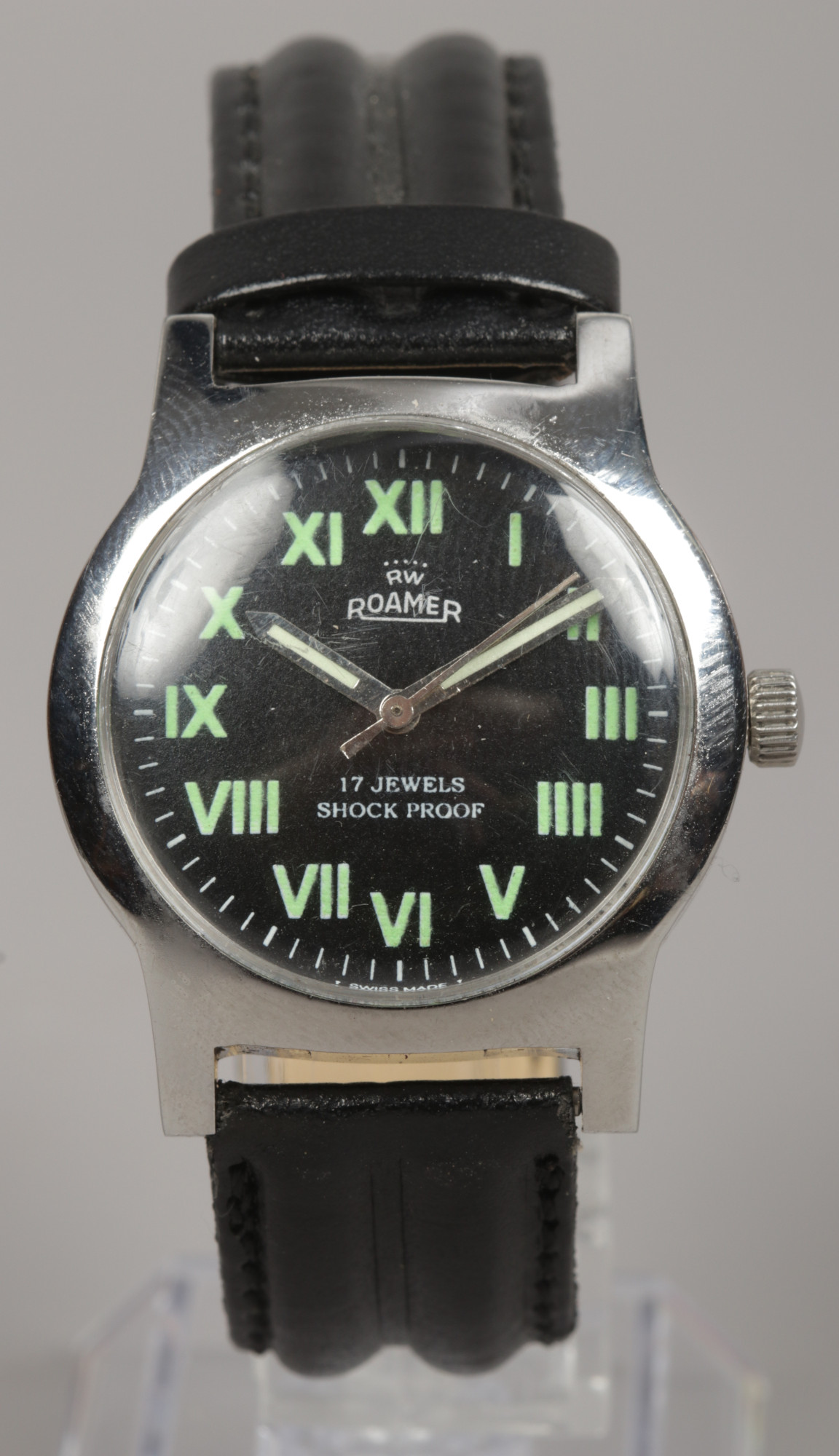 A gents stainless steel manual Roamer wristwatch with black dial and Roman numeral markers.