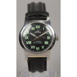 A gents stainless steel manual Roamer wristwatch with black dial and Roman numeral markers.