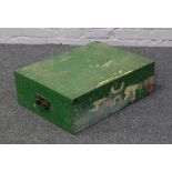 A painted green twin handle wooden trunk with metal top.