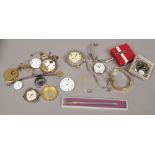 A small box of watches / pocket watch parts etc to include boxed Ingersoll pocket watch with black