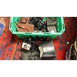 A box of vintage cameras to include cased Polaroid coldrack, box camera, Tamash 1 FMD system.