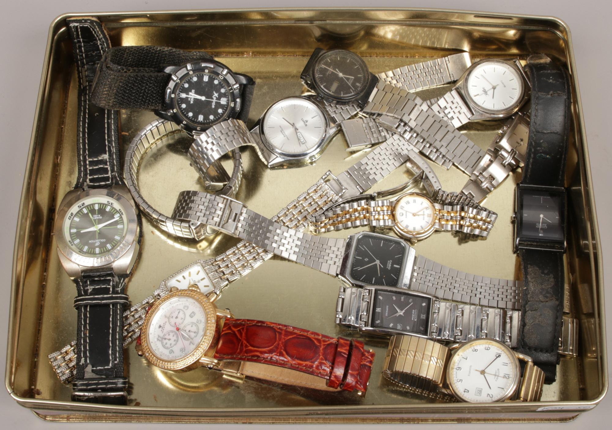 A tin of assorted wristwatches including a Aqua Master chronograph set with diamonds, Rotary,