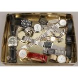 A tin of assorted wristwatches including a Aqua Master chronograph set with diamonds, Rotary,