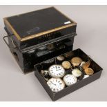 A Tabloid gilt and ebonised tin cash box and collection of Goliath pocket, fob and wristwatches in