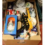 A box of miscellaneous to include ceramics, dolls, metalwares etc.