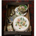 A box of miscellaneous to include gilt dressing table set, display plates etc.