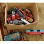 A box of Diecast toy vehicles to include Corgi, Dinky and Matchbox examples.