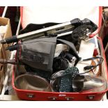 A vintage suitcase and contents of metalwares stainless steel, cast iron 8mm projector and Minolta