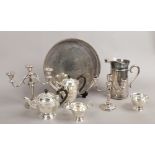 A collection of silver plate to include Sheffield plate teawares, serving tray, candelabras etc.