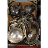A box of silver plate to include part tea set, cutlery serving tray etc.