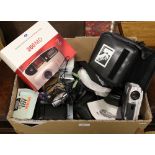 A box of photographic equipment Panasonic, Olympus and Pentax etc.