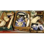 Three boxes of miscellaneous including 19th century pottery, Pears soap advertising poster, blue and