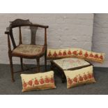 A Victorian mahogany corner chair, turned leg footstool with woolwork top, two cushions and matching