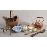 A quantity of collectables including a Victorian trivot, harvest ware jug, a copper kettle and