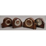 Four oak cased mantle clocks, one missing glass.