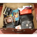 A box of photographic equipment to include Yashica Electro 35 camera, Kodak camera, Kodak