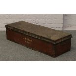 A Royal Army ordnance Corp metal uniform box with japanned decoration and marked J. Mc.Vilar R.O.A.