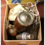 A box of miscellaneous to include telephone, biscuit barrel, ink stand, cocktail shaker etc.