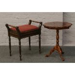 An Edwardian piano stool along with an Italian style inlaid occasional table.