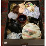 A box of miscellaneous to include Royal Winton, Ye Daintee Ladyee teapot, Pedigree and Rosebud dolls