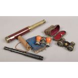 Two vintage telescopes one by Spencer Browning & Rust, along with two cased pairs of opera glasses.