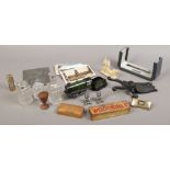 A box of collectables including C19th Indian ivory procession figure and miniature miners lamp,