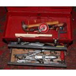 A red multi compartment tool box and contents of mainly engineering tools, spanners, sockets etc.