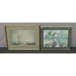 Unsigned gilt framed watercolour Autumn sunset, along with a Ronald Maddox print.