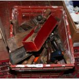 A box of tools to include bit and brace, set squares, Yankie screw driver, various wood plains,