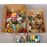 A box of children's toys to include animals, Diecast vehicles, Corgi, Matchbox etc.