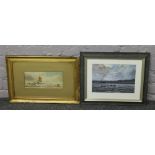 Two framed watercolours both depicting ships within coastal landscapes, one signed T. B. Hardy the