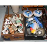 Two boxes of miscellaneous to include cane with white metal pommel, Masons, Wade, silver plate etc.