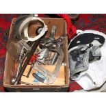 A box of tools to include tap and die sets, clamps, torque wrench, large spanners, inspection lamp