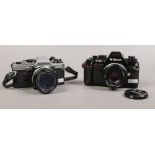 A Nikon F- 301 camera with Nikon Nikkor 50mm 1:1.8 lenses along with a Olympus OM10 camera with an