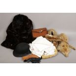 A box of linen and fur garments to include ladies 1/4 length coat, bowler hat, leather handbag and