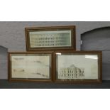 Three large framed architectural prints, to include the Parthenon Athens, The Colosseum Rome and one