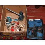 A collection of tools; Bosch battery screw driver, two vintage electric drills 1 1/2 ton bottle jack