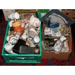 Two boxes of miscellaneous ceramics to include Falcon ware, Wade advertising jug, Delft ornamental