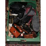 A box of photographic equipment and binoculars including a Coronet Captain, Nikon Coolpix 5000,