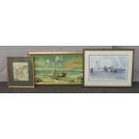 A framed Sepia toned watercolour painting signed indistinct, along with a horse racing print and a