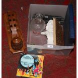 A box of miscellaneous to include carved wooden pipe rack, Victorian etched glass, Disney records