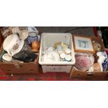 Three boxes of miscellaneous including Royal Crown Derby teawares, Susie Cooper, glassware,