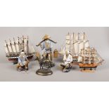 A mixed group to include model ships, clay Chinese fishermen and a composite figure group of a horse