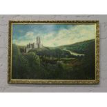 A gilt framed Walt Oxer oil on board painting, Conisbrough Castle, titled Castle on The Don, 68cm