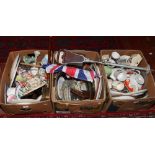 Three boxes of miscellaneous pottery, glass, metalwares and ceramics, shooting stick, Austrian