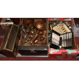 Two boxes of mixed metalwares including flatwares, silver plate, brass and copper items etc.