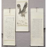 Three oriental scrolls to include watercolour of an eagle along with two poetry scrolls.